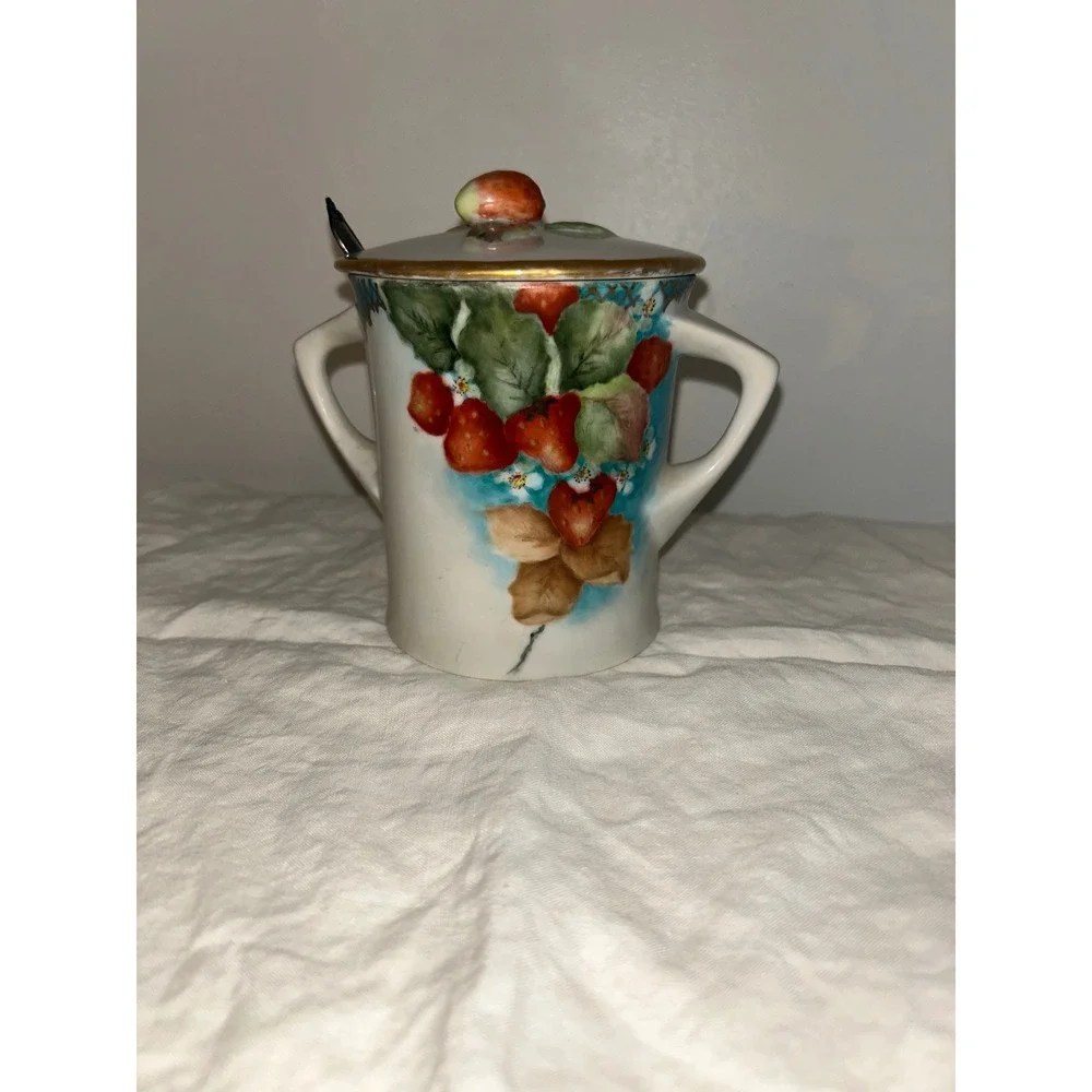 Vintage Hand Painted Strawberry Porcelain Jam Jar with Rogers Bros With Spoon